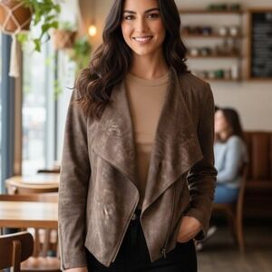 Miilla Womens Faux Suede Leather Brown Moto Jacket Size S Cropped Neutral Boho